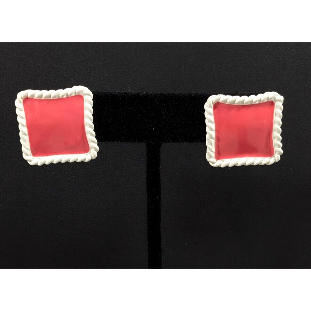 Vintage Pink Enamel White Rope Square Nautical Wavy Pierced‎ Earrings Retro